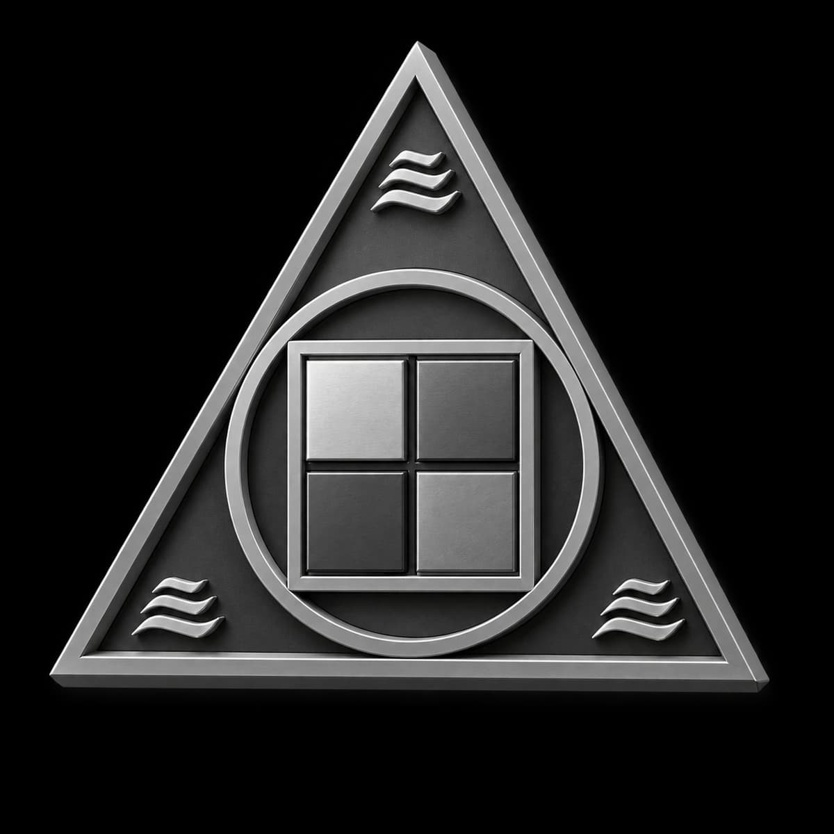 Arch-Mythos emblem: a three-dimensional silver triangle, ring, and four geometric gray tiles